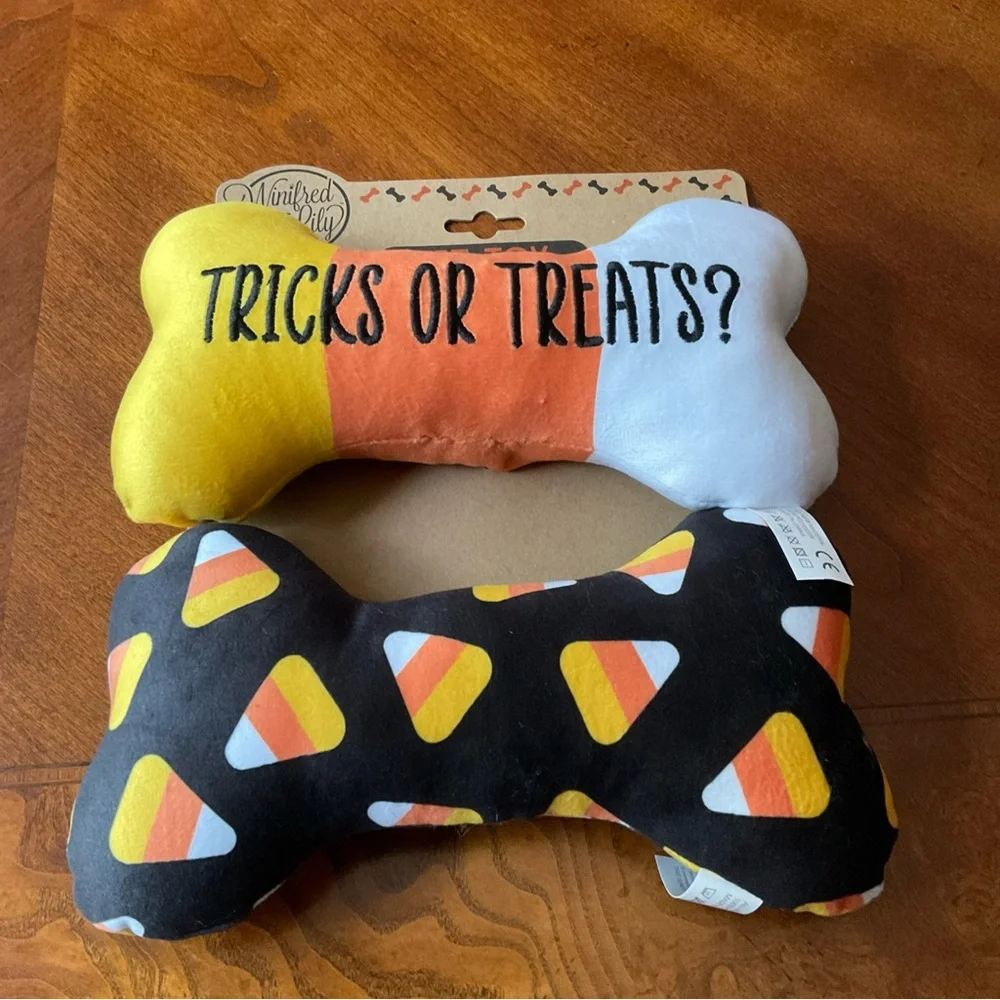 Halloween Dog Toys TRICKS OR TREATS & Candy corn Bones 8” squeaky set of 2